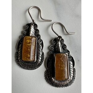 Artisan Sterling Silver Baltic Amber Drop Earrings Ornate Southwestern Boho